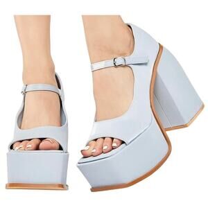 Ocho Toros Platform Heels Women 6.5 Tampico Baby Blue T-Strap Chunky Mary Jane